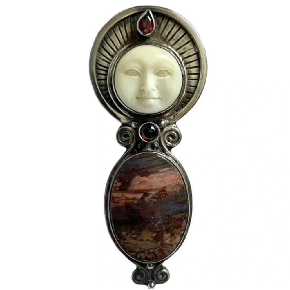Sajen Vintage Carved Moon Face Goddess Jasper Garnet 925 Large brooch pendant